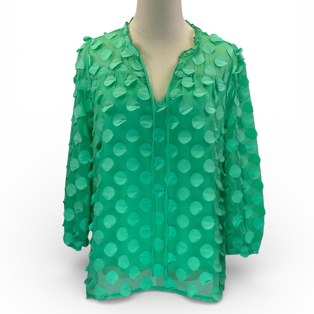 Cato Woman's Green Raised Polka Dot Textured Chiffon Top Sheer Size L‎